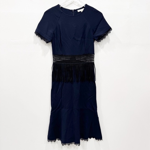 Jonathan Simkhai Navy Blue Black Crochet Fringe Fluted Dress Knee Length Size 2 - Picture 2 of 9